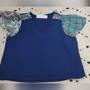 Blue Women's Top with Patterned Sleeves